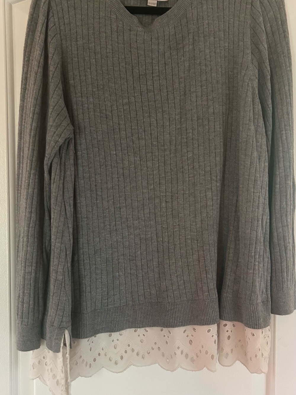 LOFT Gray Ribbed V-Neck Sweater with Cream Eyelet Hem